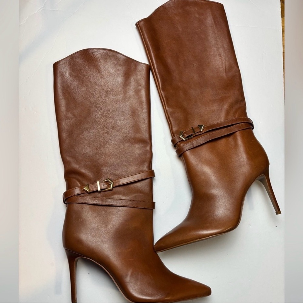 SCHUTZ Brown Leather Pointed-Toe Mid-Calf Stiletto Boots sz 6.5